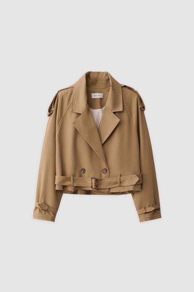 Áo trench coat ngắn kaki nâu tay raplang