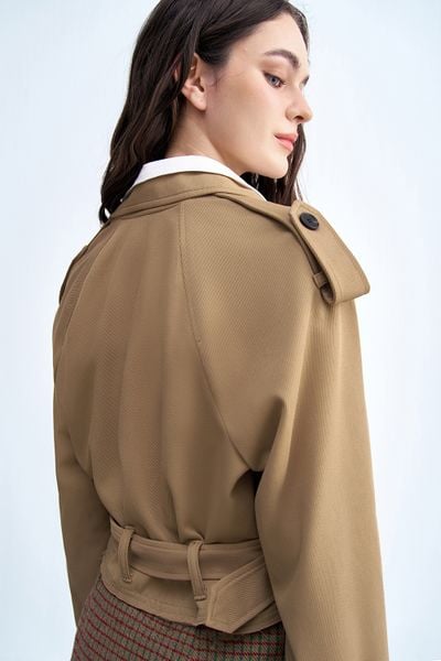 Áo trench coat ngắn kaki nâu tay raplang