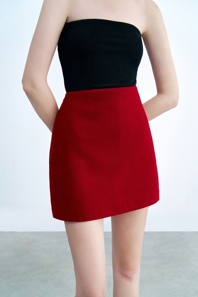 Chân váy mini A dạ len đỏ đô