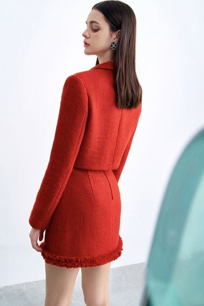 Áo khoác tweed đỏ cam cổ 2 ve dáng crop