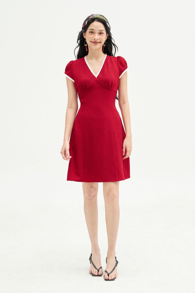 Đầm mini poly xốp đỏ phối ren cổ