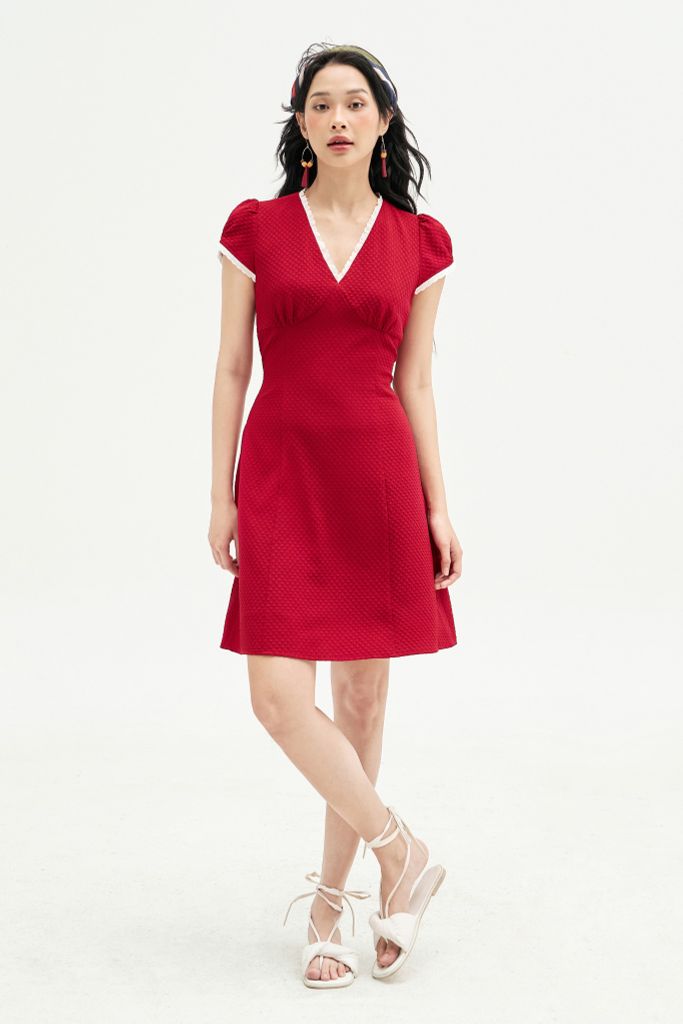 Đầm mini poly xốp đỏ phối ren cổ