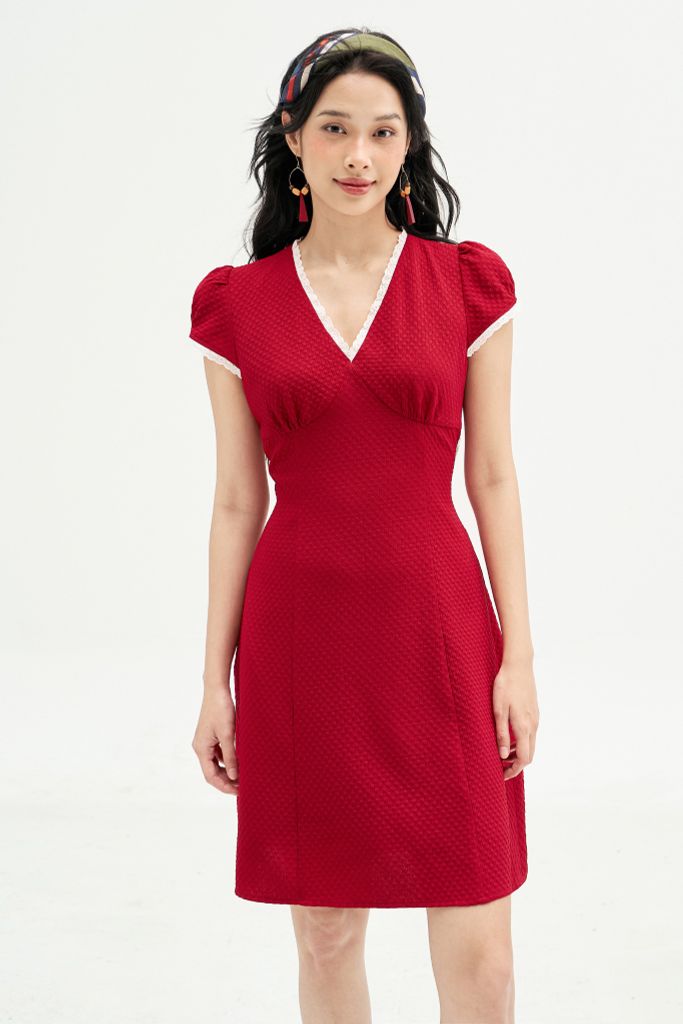 Đầm mini poly xốp đỏ phối ren cổ