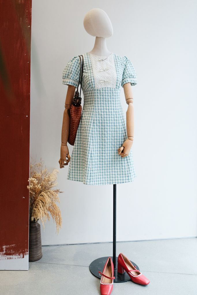 Đầm mini đũi mềm karo xanh ngọc phối cổ nơ