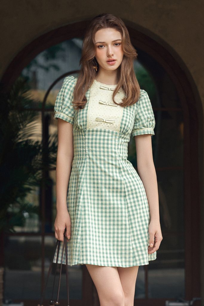 Đầm mini đũi mềm karo xanh ngọc phối cổ nơ