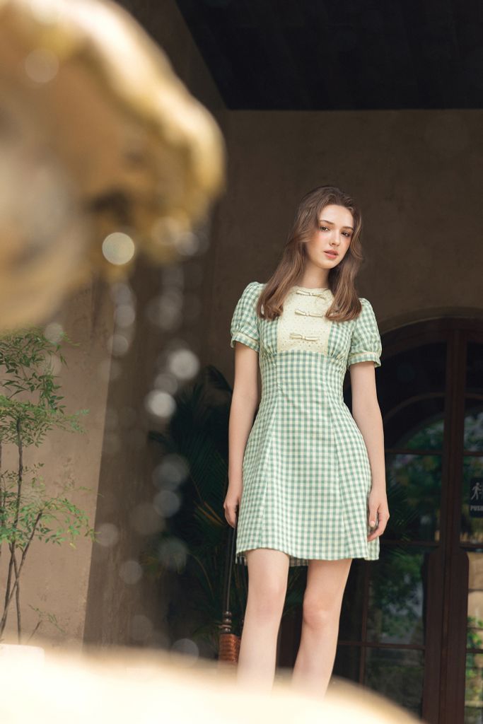 Đầm mini đũi mềm karo xanh ngọc phối cổ nơ