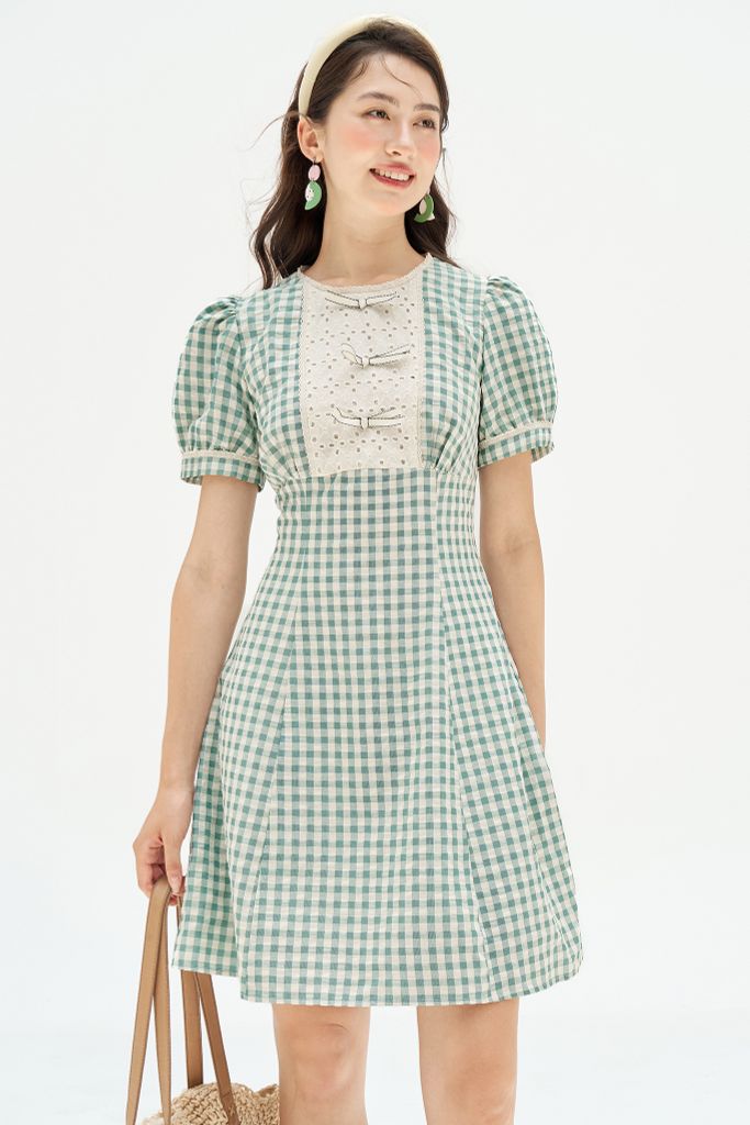Đầm mini đũi mềm karo xanh ngọc phối cổ nơ