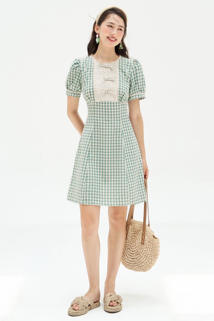 Đầm mini đũi mềm karo xanh ngọc phối cổ nơ