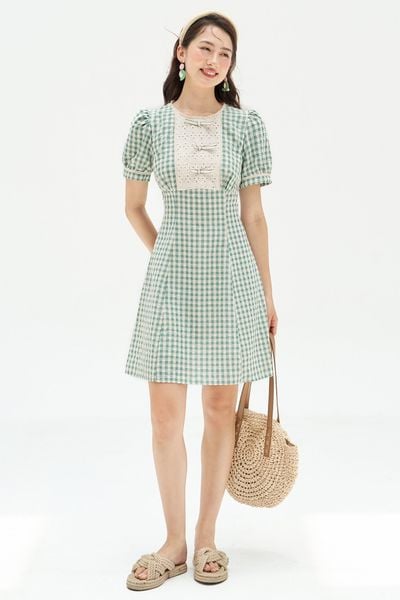 Đầm mini đũi mềm karo xanh ngọc phối cổ nơ