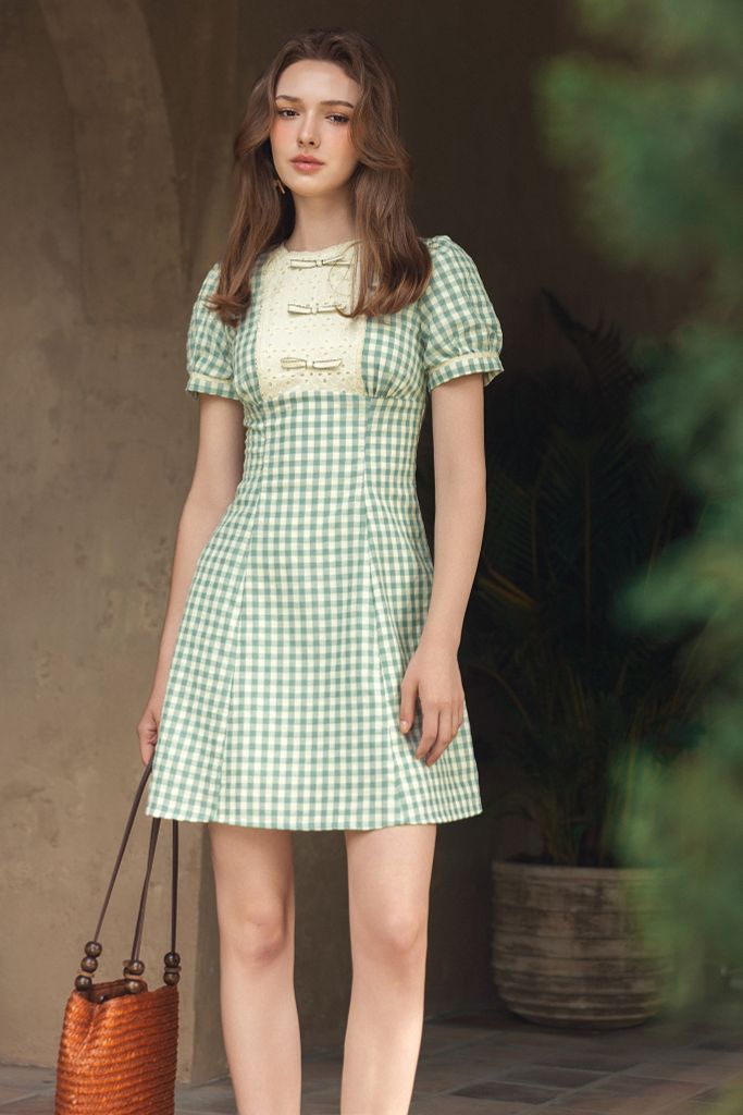 Đầm mini đũi mềm karo xanh ngọc phối cổ nơ