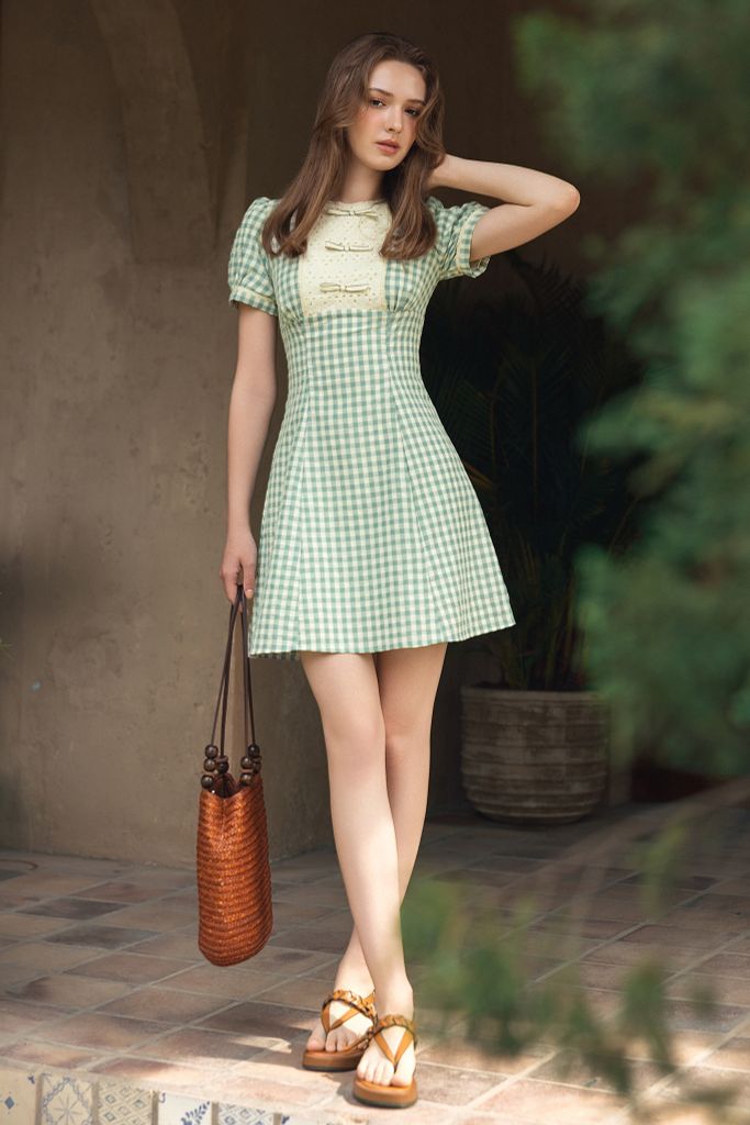 Đầm mini đũi mềm karo xanh ngọc phối cổ nơ