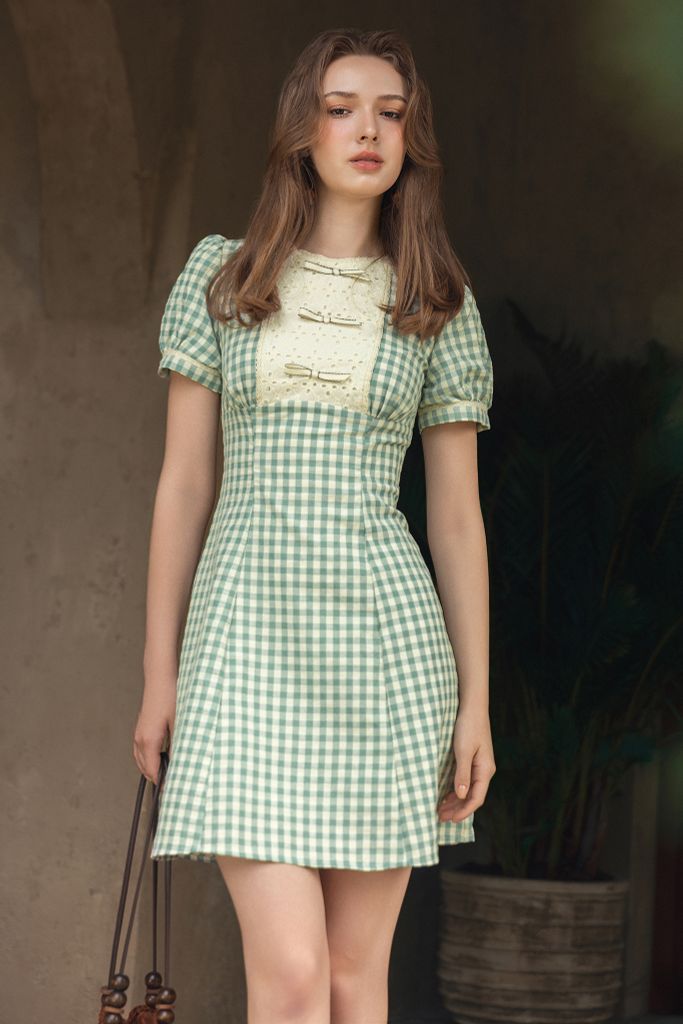Đầm mini đũi mềm karo xanh ngọc phối cổ nơ