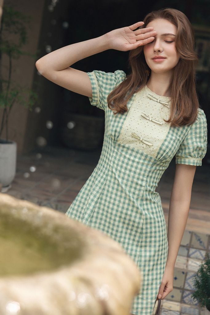 Đầm mini đũi mềm karo xanh ngọc phối cổ nơ