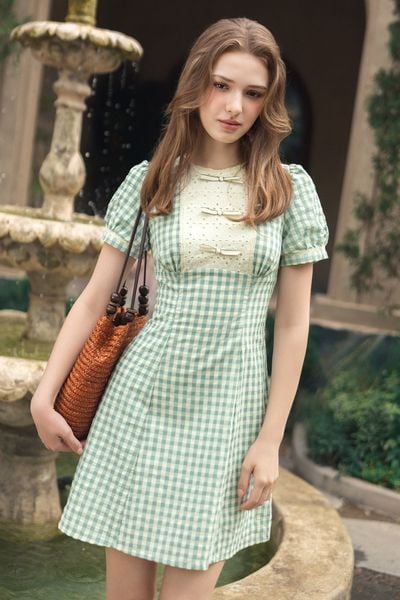Đầm mini đũi mềm karo xanh ngọc phối cổ nơ