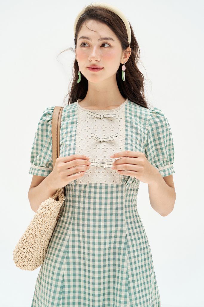 Đầm mini đũi mềm karo xanh ngọc phối cổ nơ
