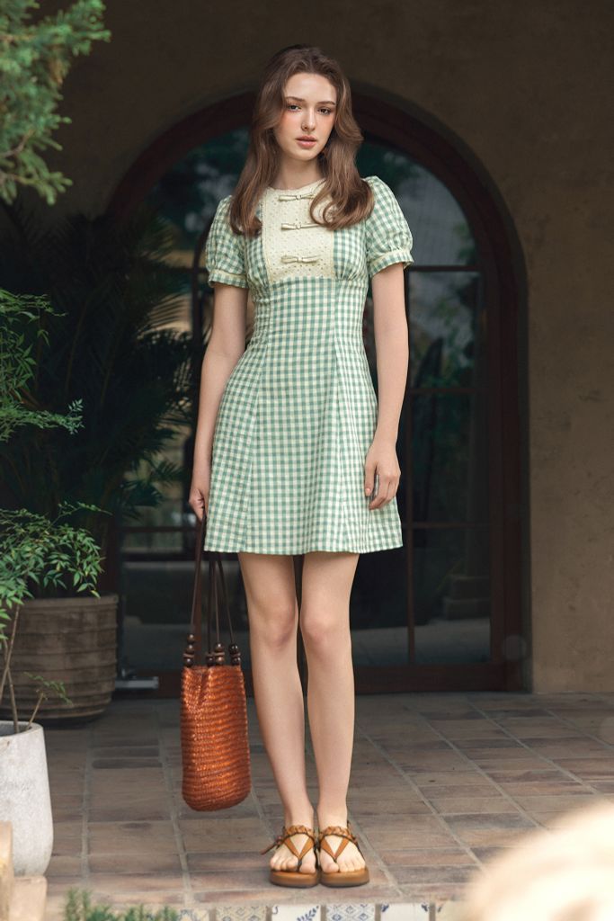 Đầm mini đũi mềm karo xanh ngọc phối cổ nơ