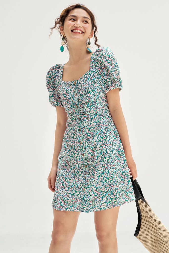 Đầm mini hoa nhí xanh green nhún eo