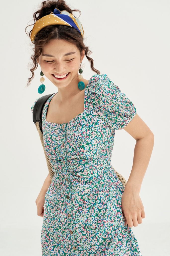 Đầm mini hoa nhí xanh green nhún eo