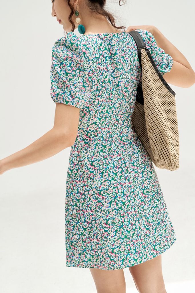 Đầm mini hoa nhí xanh green nhún eo