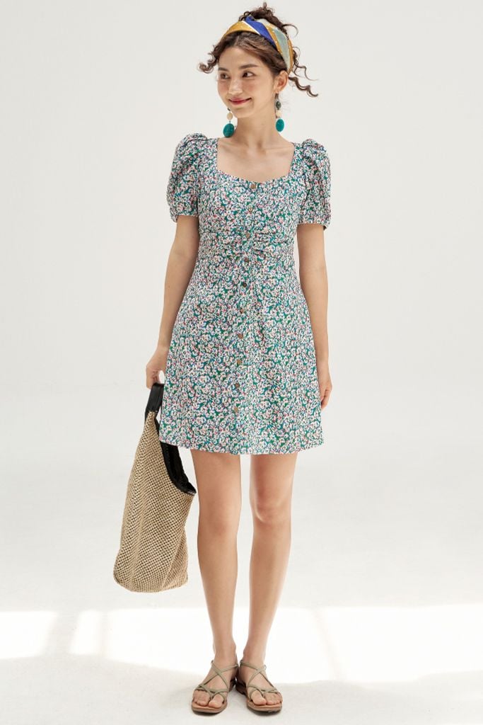 Đầm mini hoa nhí xanh green nhún eo