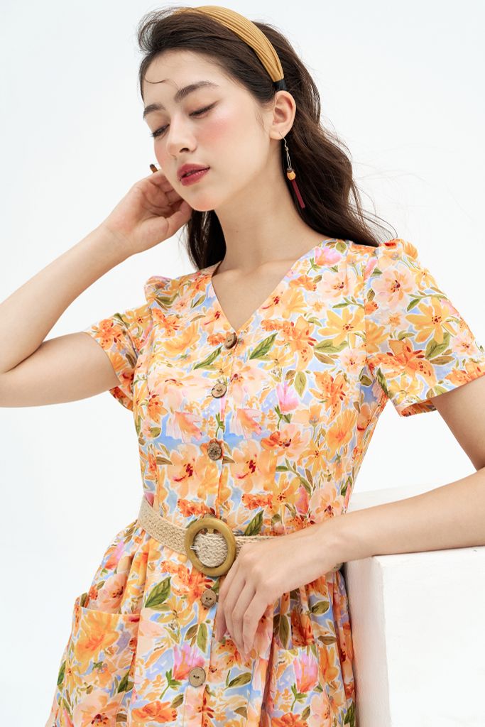 Đầm mini hoa cam loang nước