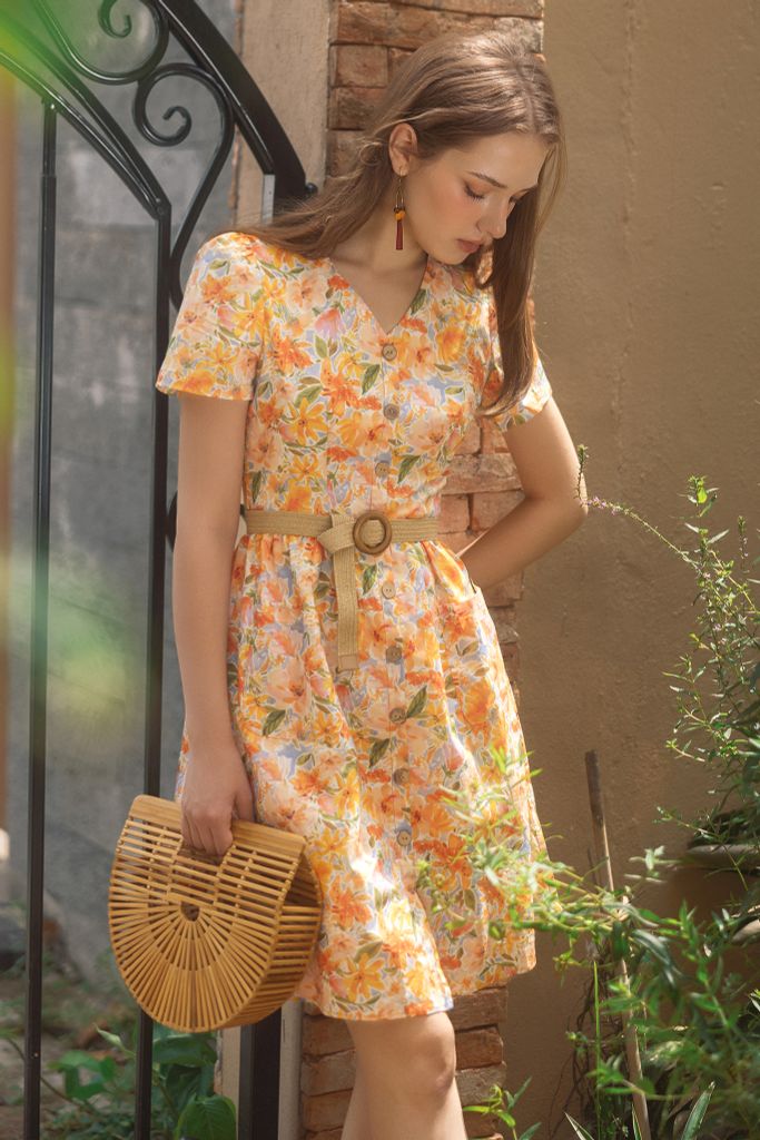 Đầm mini hoa cam loang nước