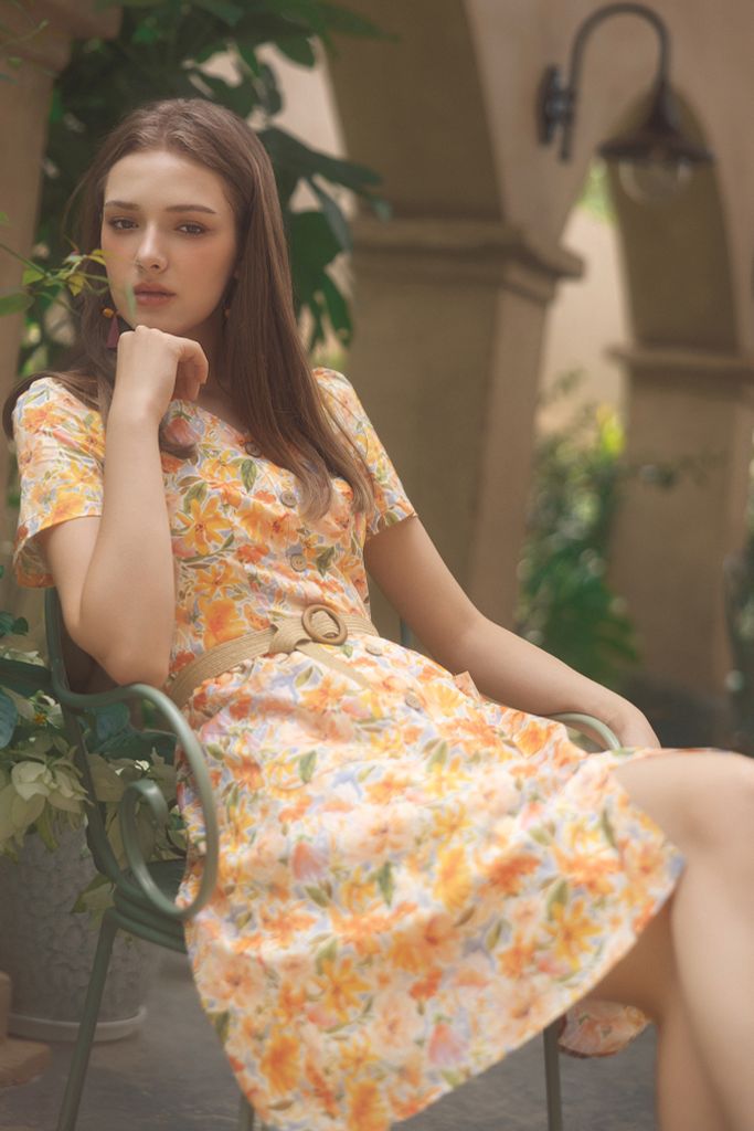 Đầm mini hoa cam loang nước