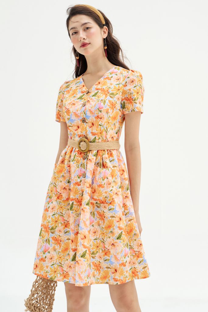 Đầm mini hoa cam loang nước