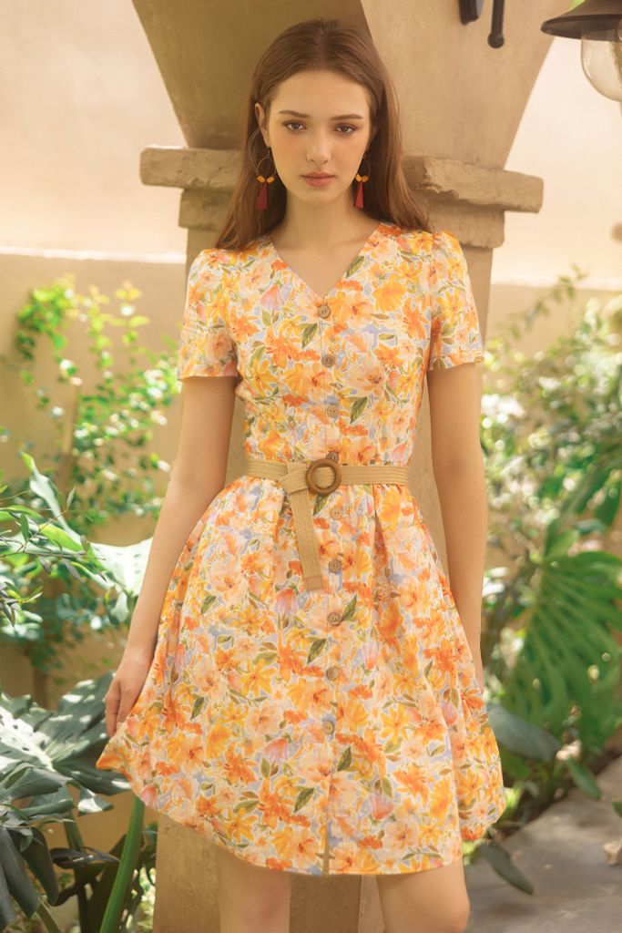 Đầm mini hoa cam loang nước