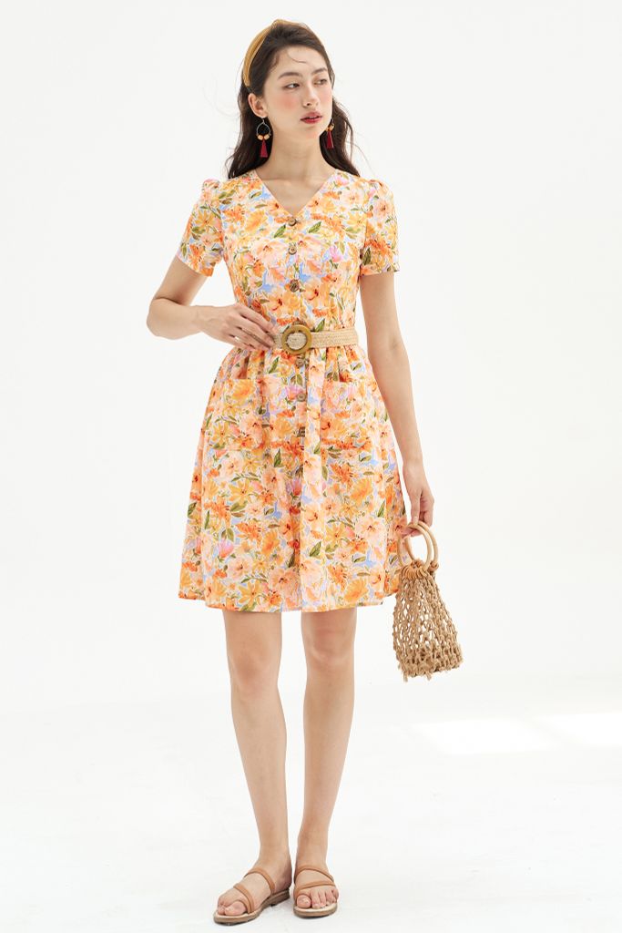 Đầm mini hoa cam loang nước