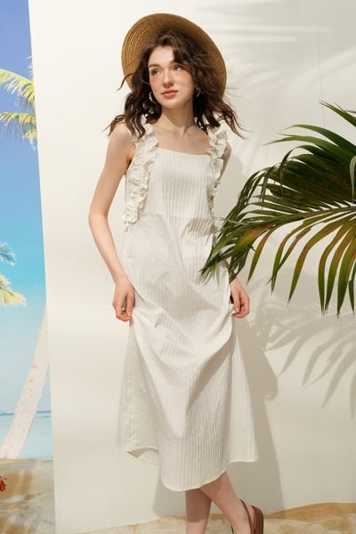 Đầm midi 2 dây xếp bèo trắng