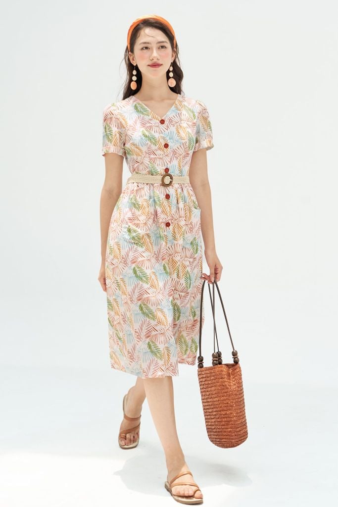 Đầm midi thô lụa lá tropical túi ốp