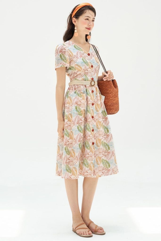 Đầm midi thô lụa lá tropical túi ốp
