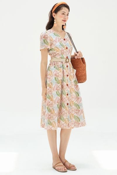Đầm midi thô lụa lá tropical túi ốp