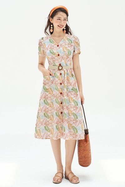 Đầm midi thô lụa lá tropical túi ốp
