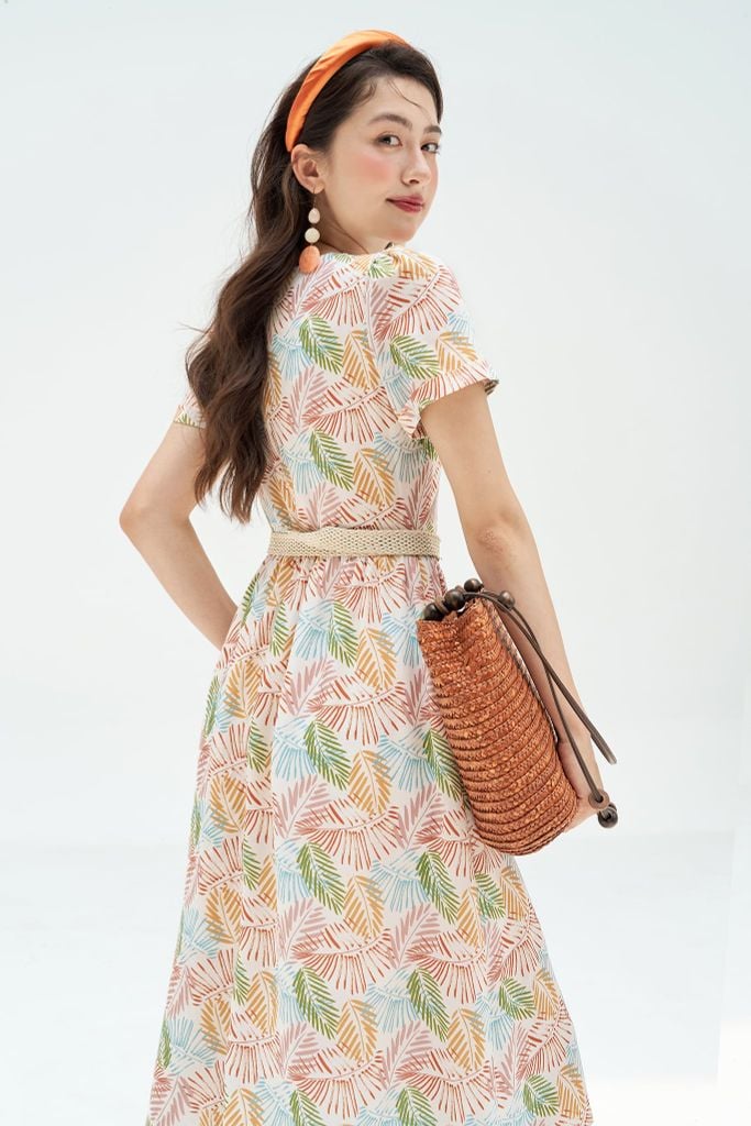 Đầm midi thô lụa lá tropical túi ốp