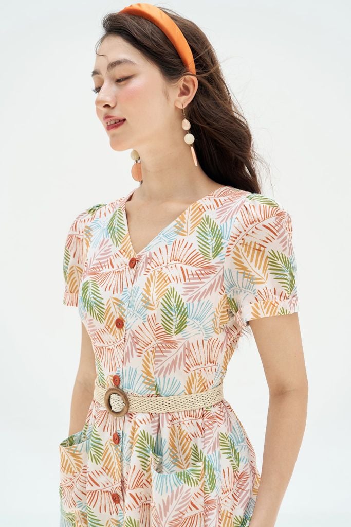 Đầm midi thô lụa lá tropical túi ốp