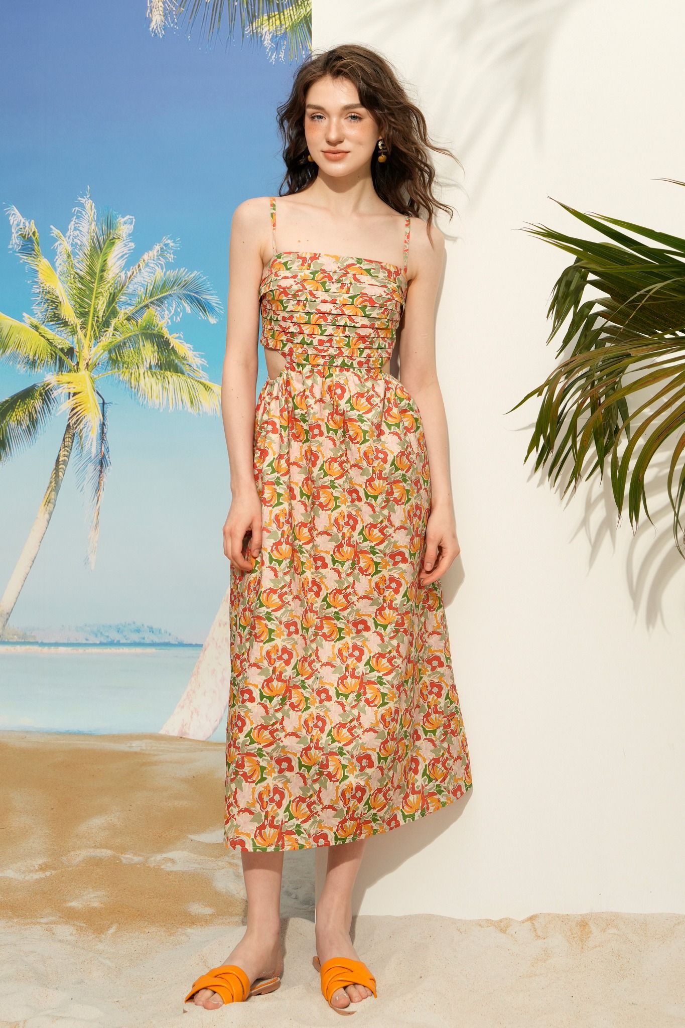 Đầm midi hoa cam cut out