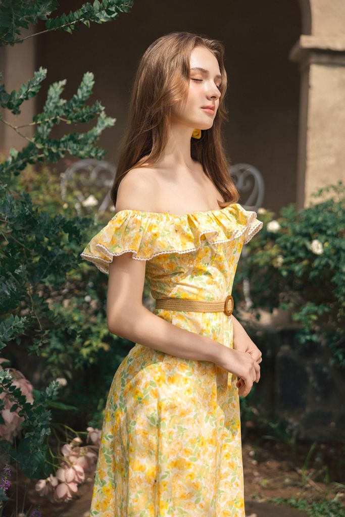 Đầm maxi thô hoa vàng bèo vai