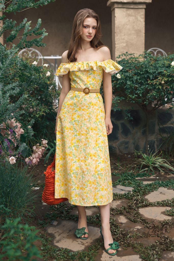 Đầm maxi thô hoa vàng bèo vai