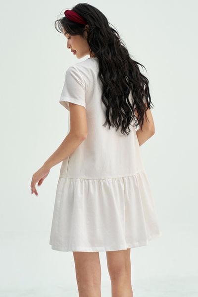 Đầm suông đũi chun trắng thêu chùm olive