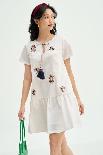 Đầm suông đũi chun trắng thêu chùm olive