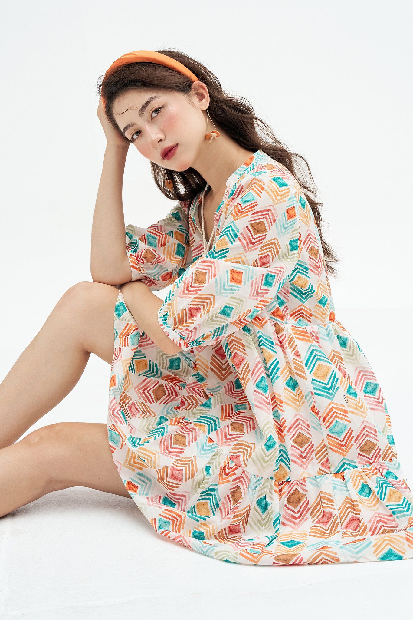 Đầm suông thô lụa nối tầng họa tiết kỷ hà