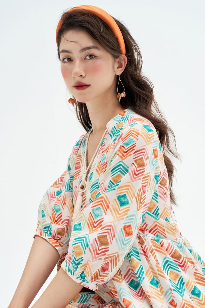 Đầm suông thô lụa nối tầng họa tiết kỷ hà