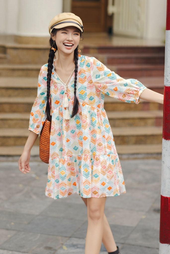 Đầm suông thô lụa nối tầng họa tiết kỷ hà