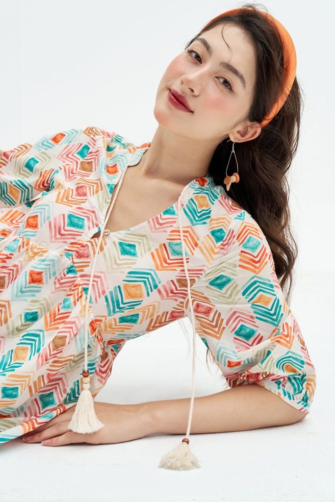 Đầm suông thô lụa nối tầng họa tiết kỷ hà