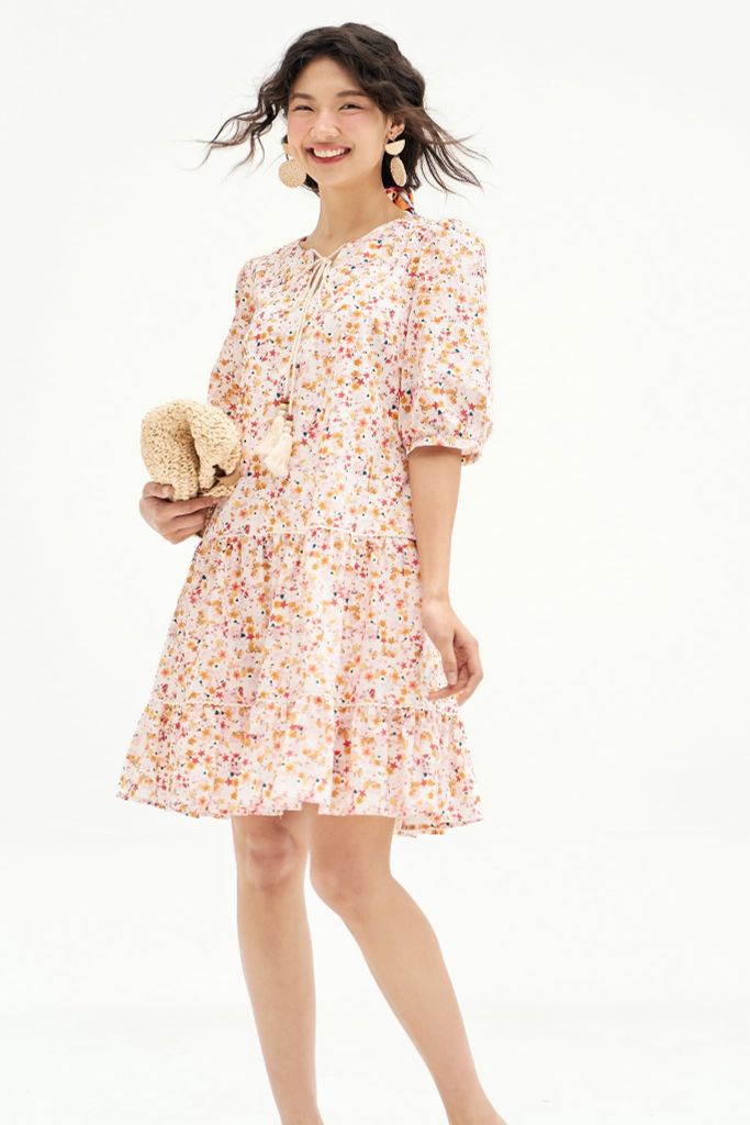 Đầm suông thô lụa hoa nhí phối ren