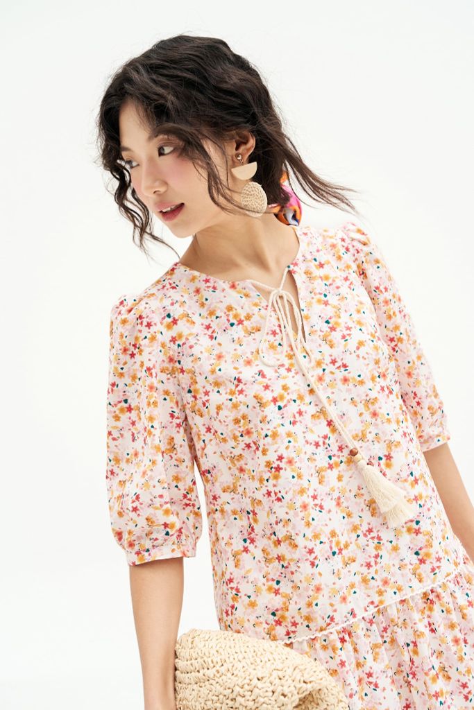 Đầm suông thô lụa hoa nhí phối ren