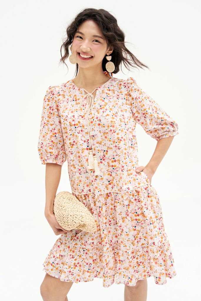 Đầm suông thô lụa hoa nhí phối ren