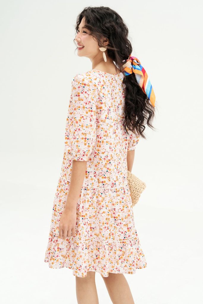 Đầm suông thô lụa hoa nhí phối ren